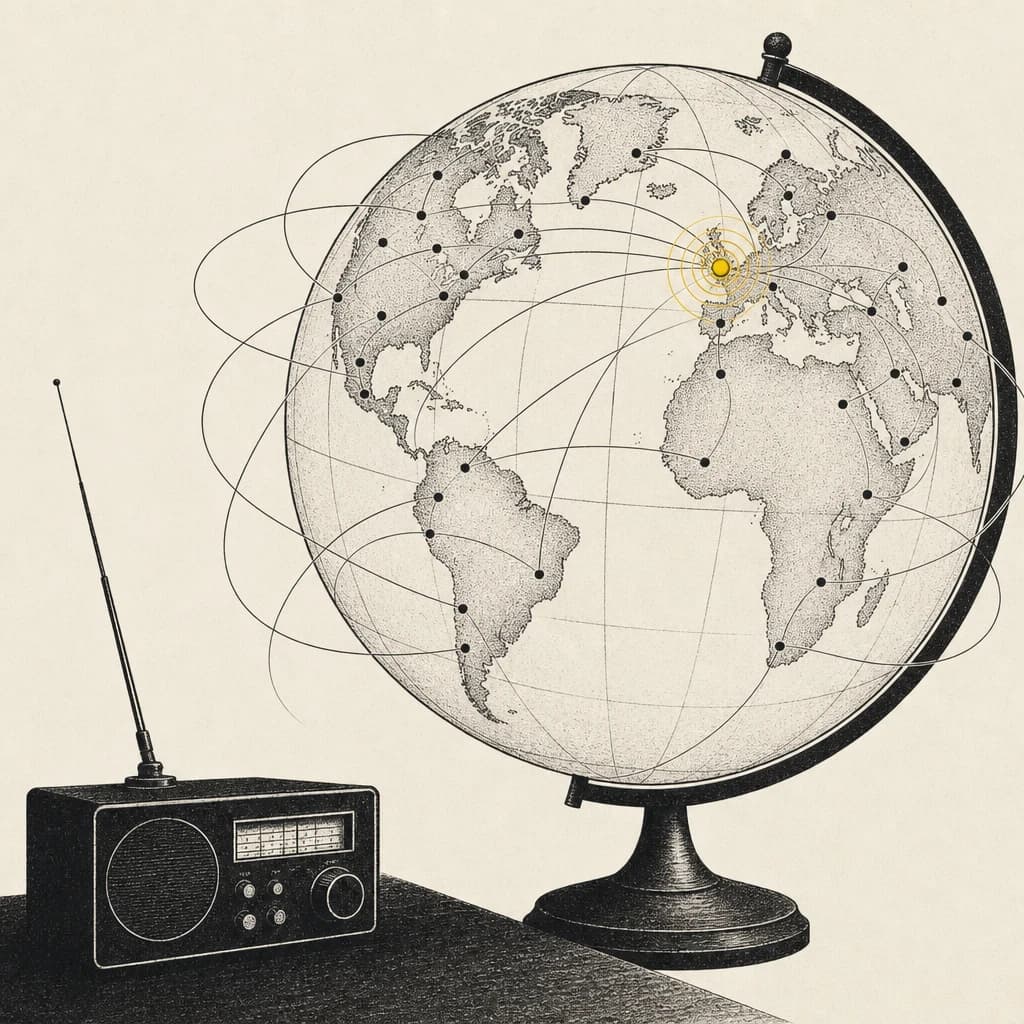 Editorial illustration — a desk globe ringed by signal arcs beside a vintage radio, one station glowing yellow