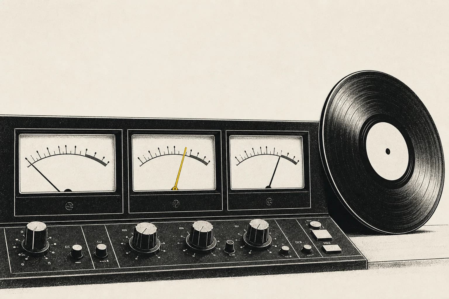AudioX illustration — three analog VU meters with a vinyl reference record leaning beside them, one yellow needle