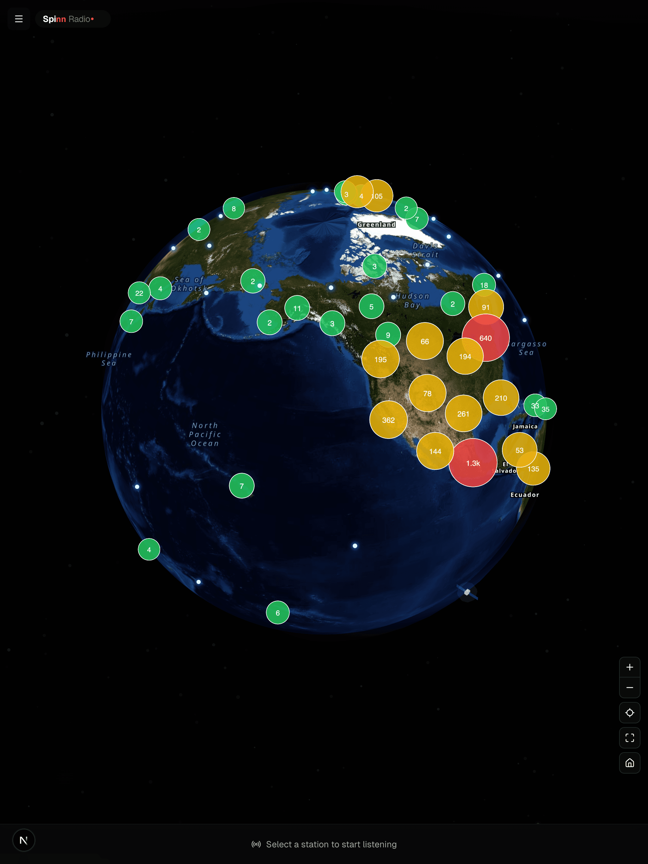 Spinn Radio globe discovery interface on iPad — live station clusters over the planet
