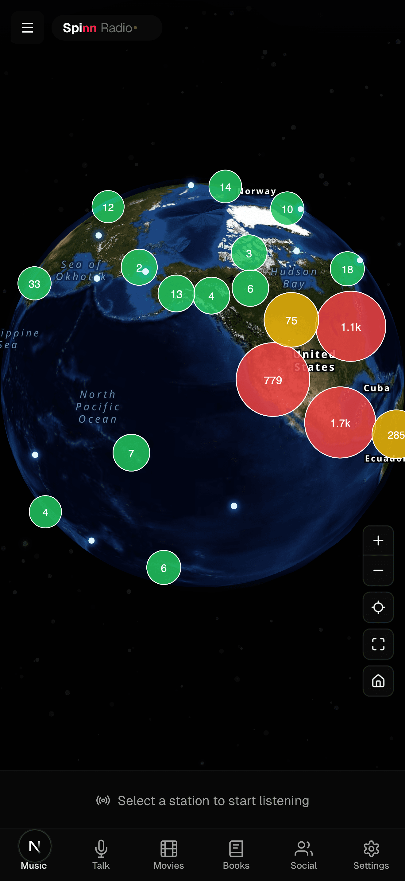Spinn Radio globe on iPhone — the same planet in the pocket
